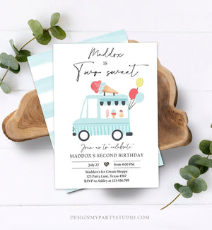 Editable Ice Cream Truck Birthday Invitation Ice Cream Two Sweet Modern 2nd Birthday Party Two Second Download Printable Template Corjl 0415