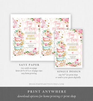 Editable Tea for Two Birthday Invitation Girl Tea Party Invite Pink Gold Floral Peach Pink Download Printable Template Corjl Digital 0349