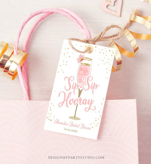 Editable Sip Sip Hooray Favor Tag Brunch and Bubbly Bridal Shower Thank You Blush Pink Gold Champagne Floral Corjl Template Printable 0150