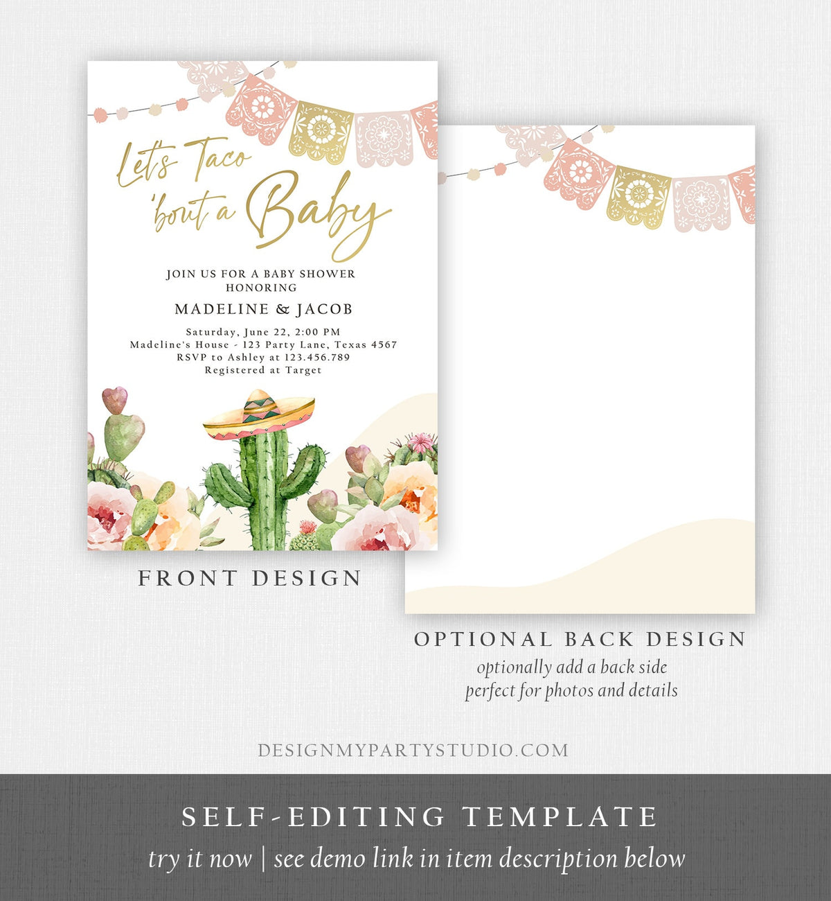 Editable Let&#39;s Taco Bout a Baby Shower Invitation Boho Cactus Mexican Fiesta Couples Shower Desert Watercolor Template Corjl Printable 0419