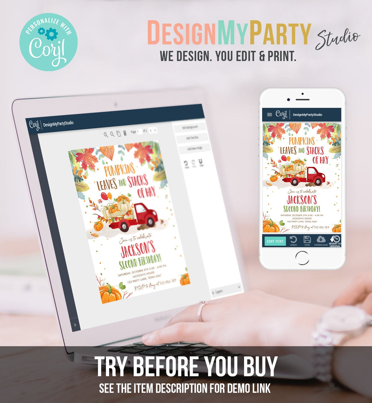 Editable Pumpkin Birthday Invitation Boy Fall Boy Pumpkin Red Truck Birthday Party Orange Download Printable Invitation Corjl Template 0153