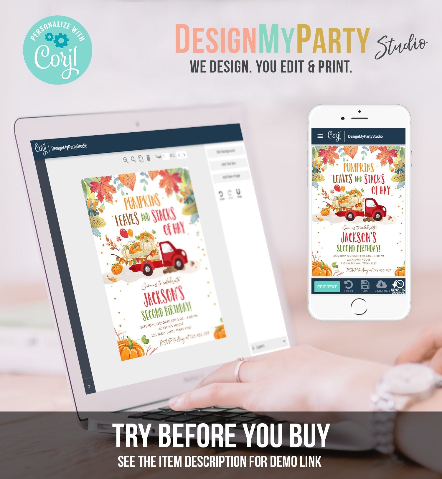 Editable Pumpkin Birthday Invitation Boy Fall Boy Pumpkin Red Truck Birthday Party Orange Download Printable Invitation Corjl Template 0153