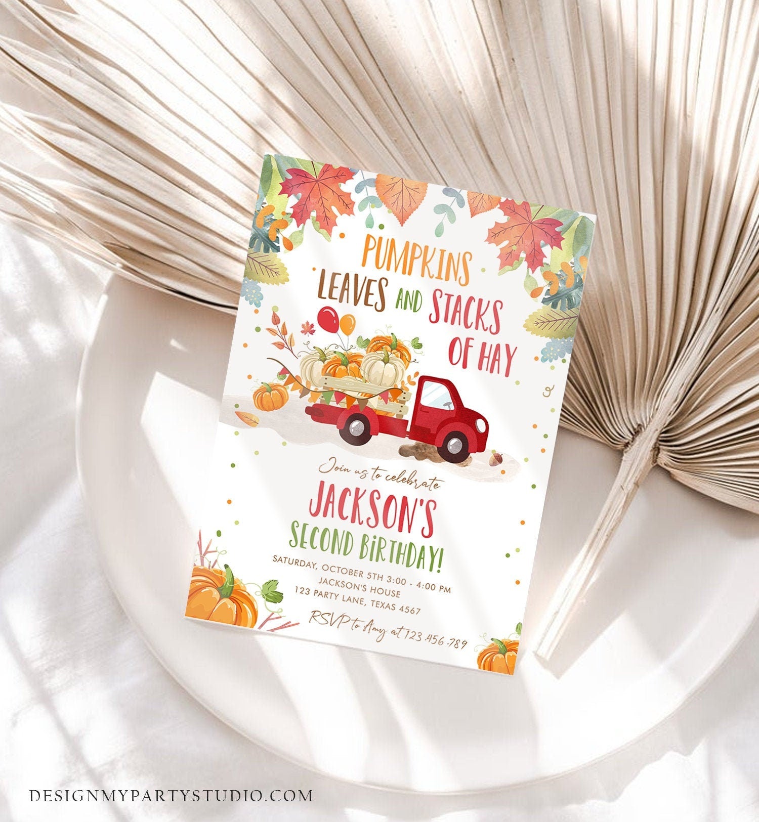 Editable Pumpkin Birthday Invitation Boy Fall Boy Pumpkin Red Truck Birthday Party Orange Download Printable Invitation Corjl Template 0153