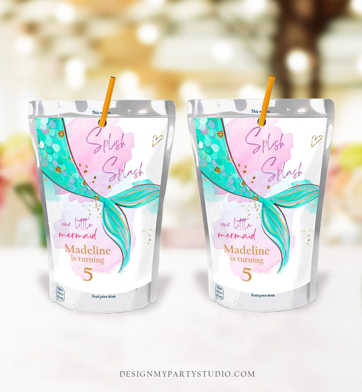 Editable Mermaid Capri Sun Labels Juice Pouch Labels Mermaid Birthday Party Girl Pink Green Teal Under The Sea Corjl Template Printable 0403