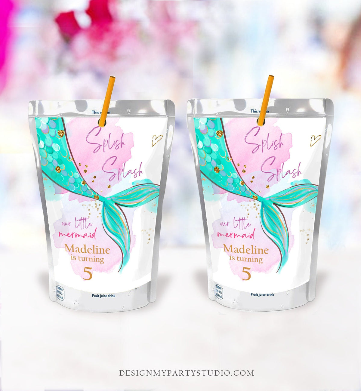 Editable Mermaid Capri Sun Labels Juice Pouch Labels Mermaid Birthday Party Girl Pink Green Teal Under The Sea Corjl Template Printable 0403
