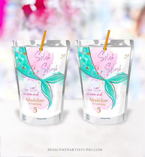 Editable Mermaid Capri Sun Labels Juice Pouch Labels Mermaid Birthday Party Girl Pink Green Teal Under The Sea Corjl Template Printable 0403