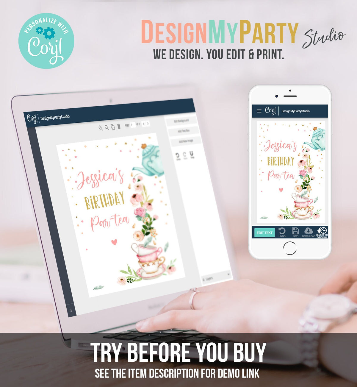 Editable Tea Party Capri Sun Labels Juice Pouch Labels Floral Tea Birthday Girl Pink Gold Par-tea Download Corjl Template Printable 0349