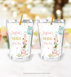 Editable Tea Party Capri Sun Labels Juice Pouch Labels Floral Tea Birthday Girl Pink Gold Par-tea Download Corjl Template Printable 0349