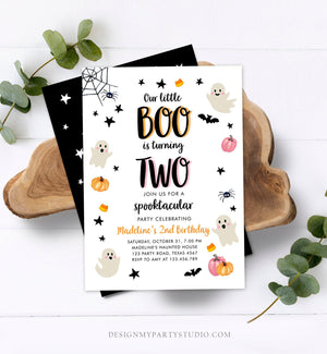 Editable Halloween 2nd Birthday Invitation Pink Ghost Costume Party Girl Pink Boo Spooktacular Spooky Download Printable Template Corjl 0418