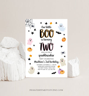 Editable Halloween 2nd Birthday Invitation Pink Ghost Costume Party Pastel Boo Spooktacular Spooky Download Printable Template Corjl 0418