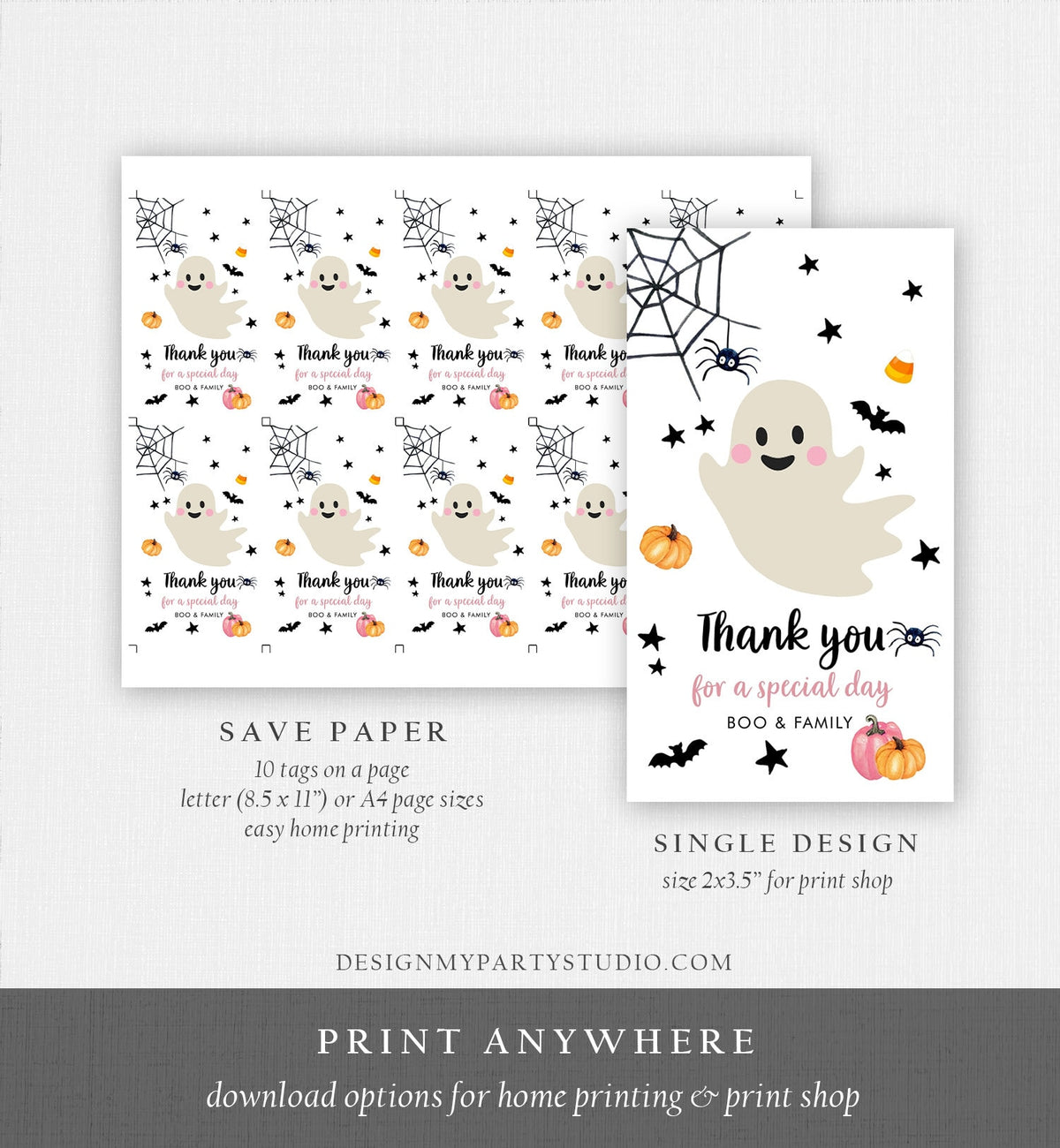 Editable Halloween Baby Shower Thank You Favor Tags Little Boo Cute Pink Ghost Halloween Birthday Download Printable Template Corjl 0418