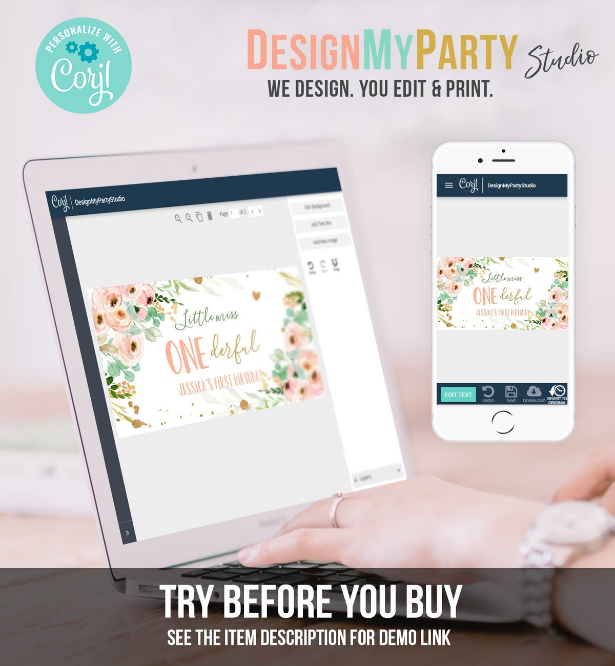 Editable Little Miss Onederful Gable Gift Box Label 1st Birthday Girl Treat Box Label Floral Pink Gold Wild Download Printable Corjl 0147