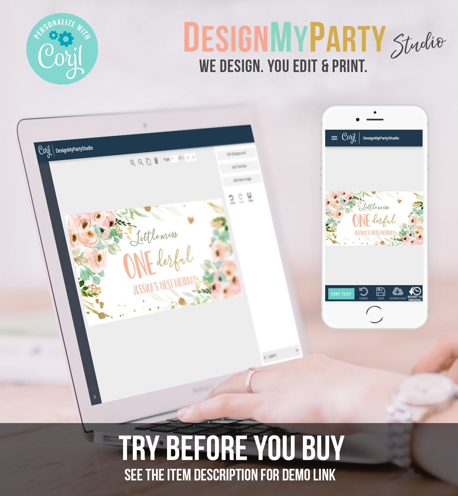 Editable Little Miss Onederful Gable Gift Box Label 1st Birthday Girl Treat Box Label Floral Pink Gold Wild Download Printable Corjl 0147