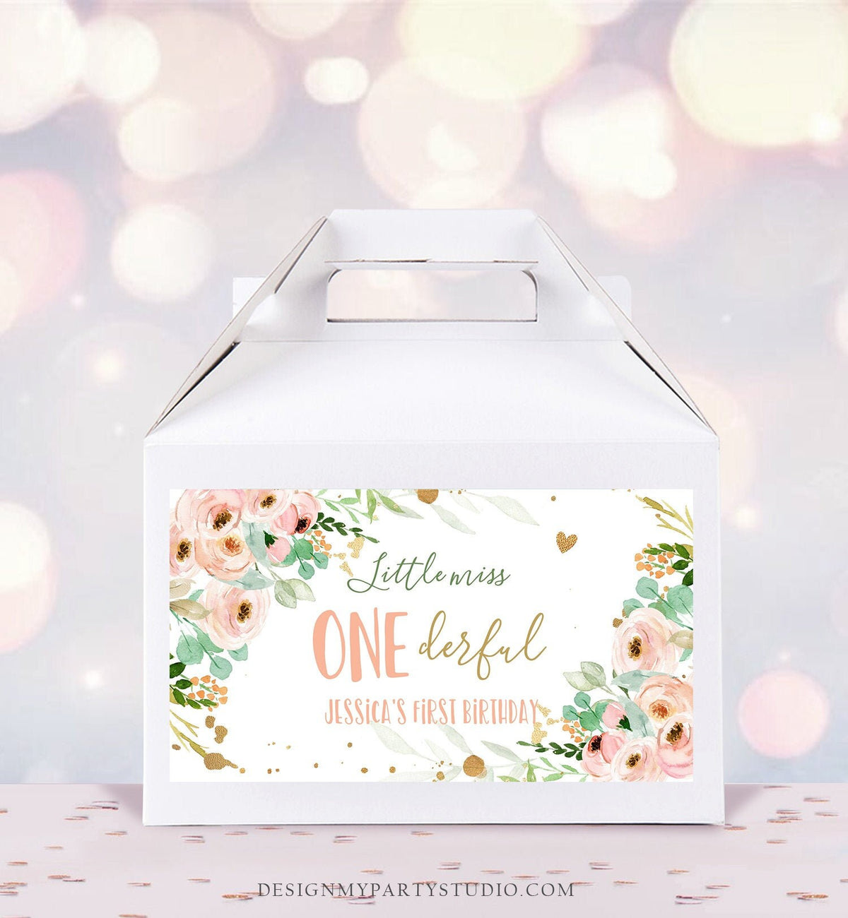 Editable Little Miss Onederful Gable Gift Box Label 1st Birthday Girl Treat Box Label Floral Pink Gold Wild Download Printable Corjl 0147