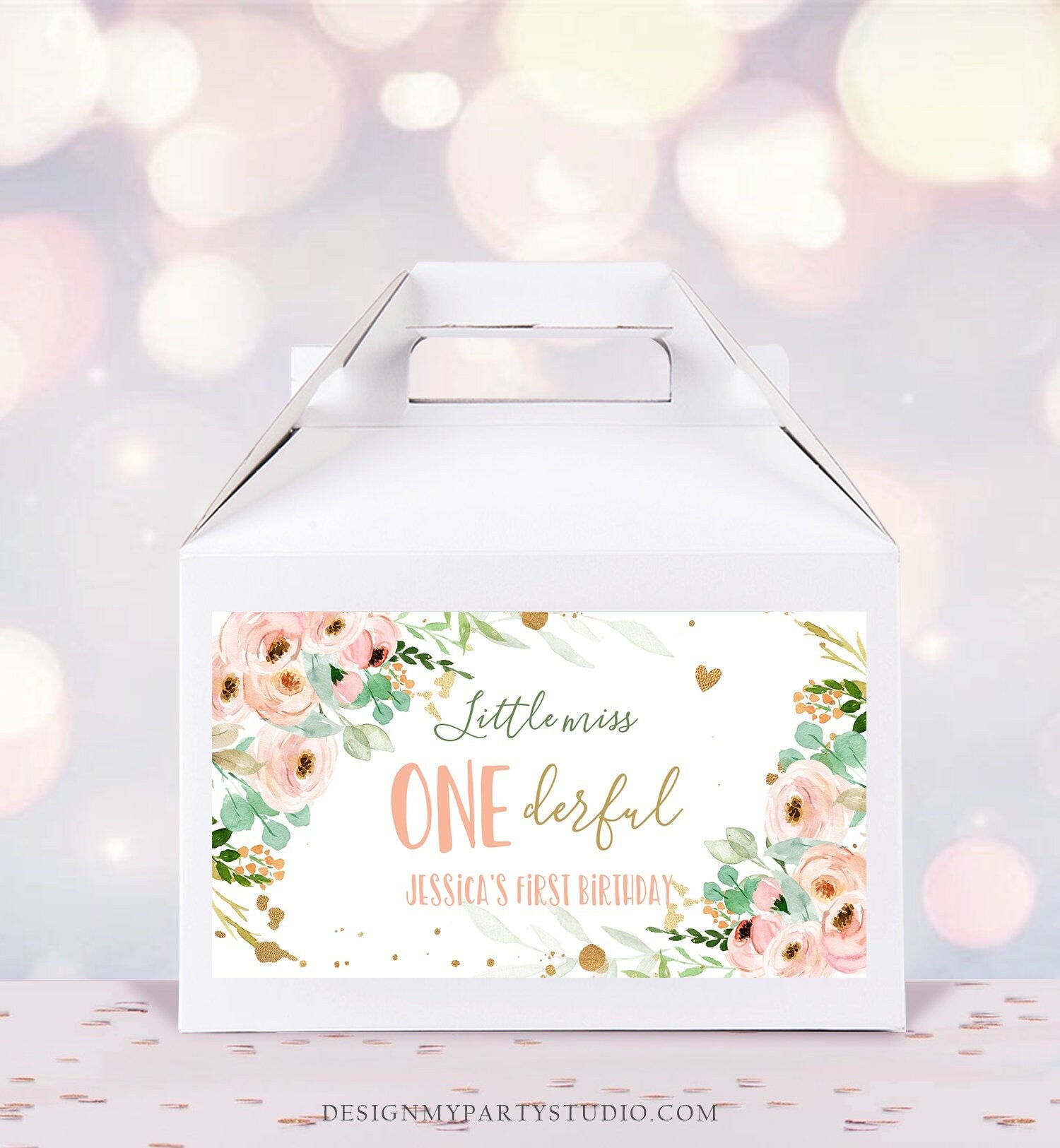 Editable Little Miss Onederful Gable Gift Box Label 1st Birthday Girl Treat Box Label Floral Pink Gold Wild Download Printable Corjl 0147