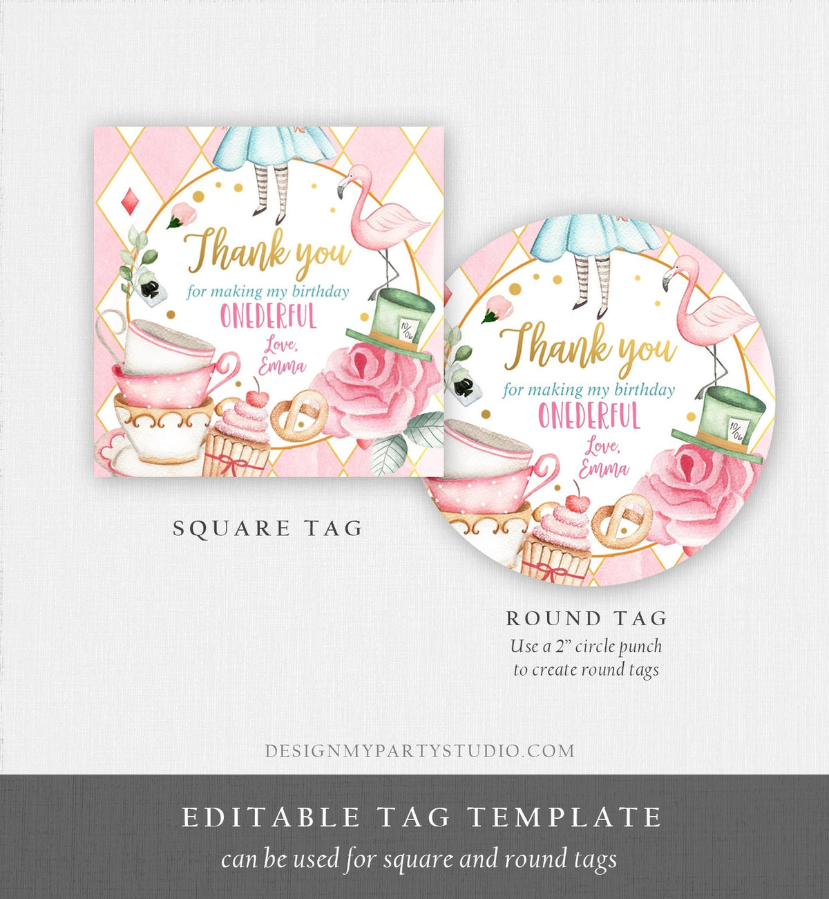 Editable Alice in Onederland Thank You Favor Tags Round Stickers Alice Birthday Tea Party Alice in Wonderland Printable Corjl Template 0350