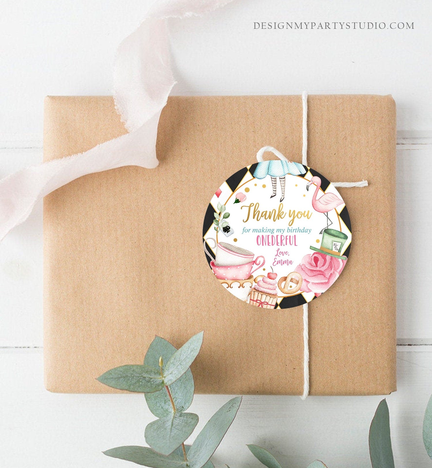 Editable Alice in Onederland Thank You Favor Tags Round Stickers Alice 1st Birthday Tea Party Alice Wonderland Printable Corjl Template 0350