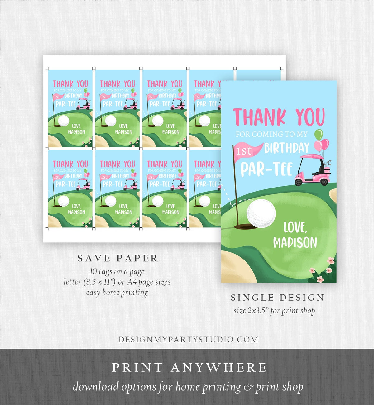 Editable Girl Golf Favor Tags Golf Thank You Par-tee Tags Golfing Birthday Hole in One 1st Birthday Gift Tag Download Corjl Template 0405