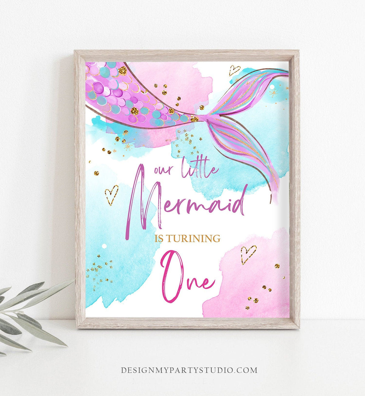 Our Little Mermaid is turning One Sign Mermaid First Birthday Table Decor Party Under The Sea Pink Purple Instant Download PRINTABLE 0403