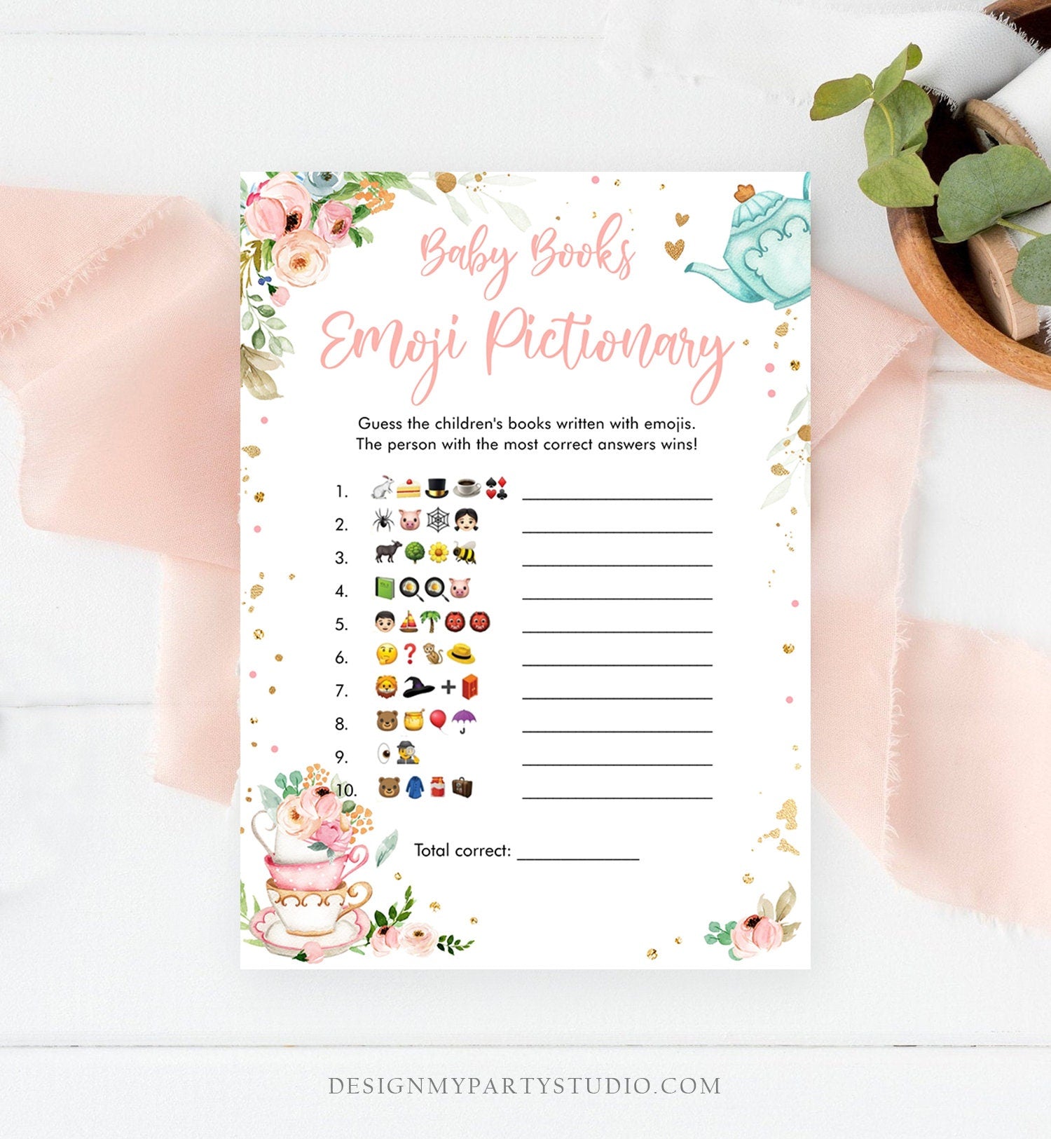Editable Emoji Pictionary Baby Shower Game Baby Books Tea Party Baby is Brewing Game Shower Activity Corjl Template Printable 0349