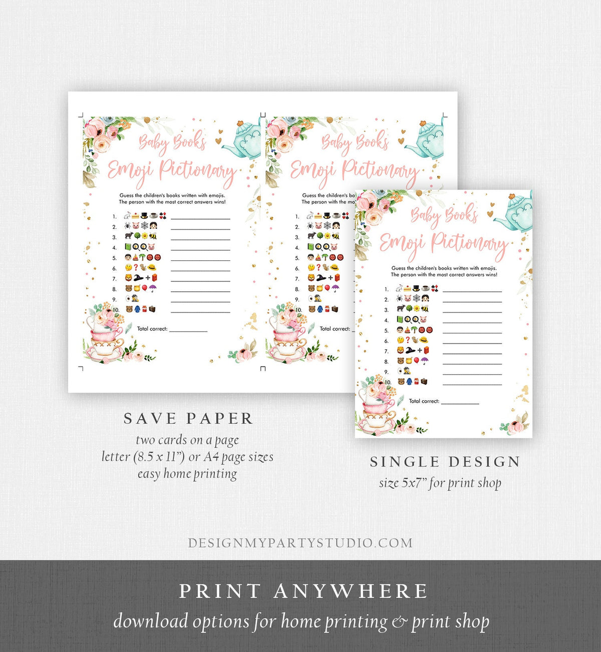 Editable Emoji Pictionary Baby Shower Game Baby Books Tea Party Baby is Brewing Game Shower Activity Corjl Template Printable 0349