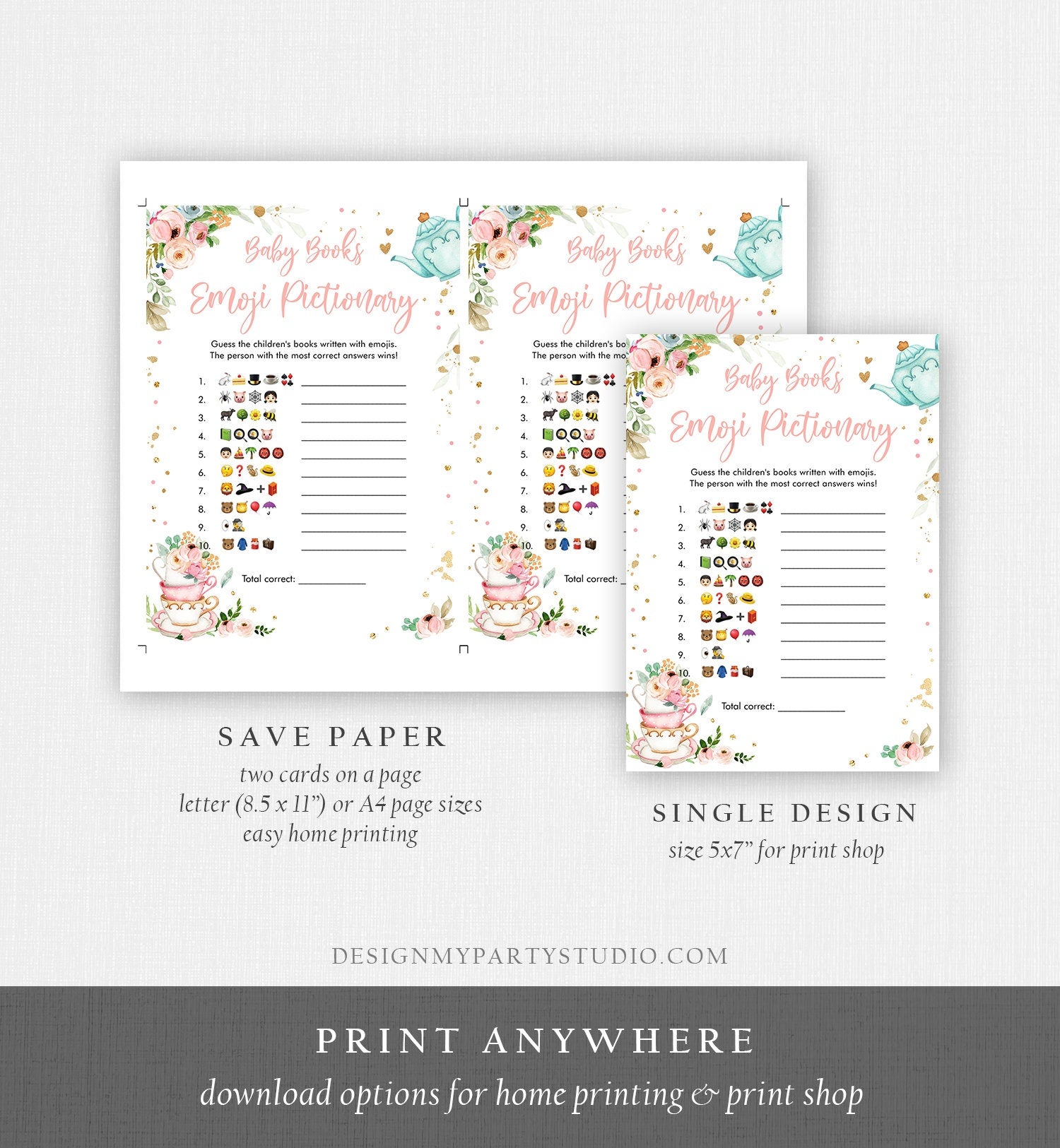 Editable Emoji Pictionary Baby Shower Game Baby Books Tea Party Baby is Brewing Game Shower Activity Corjl Template Printable 0349