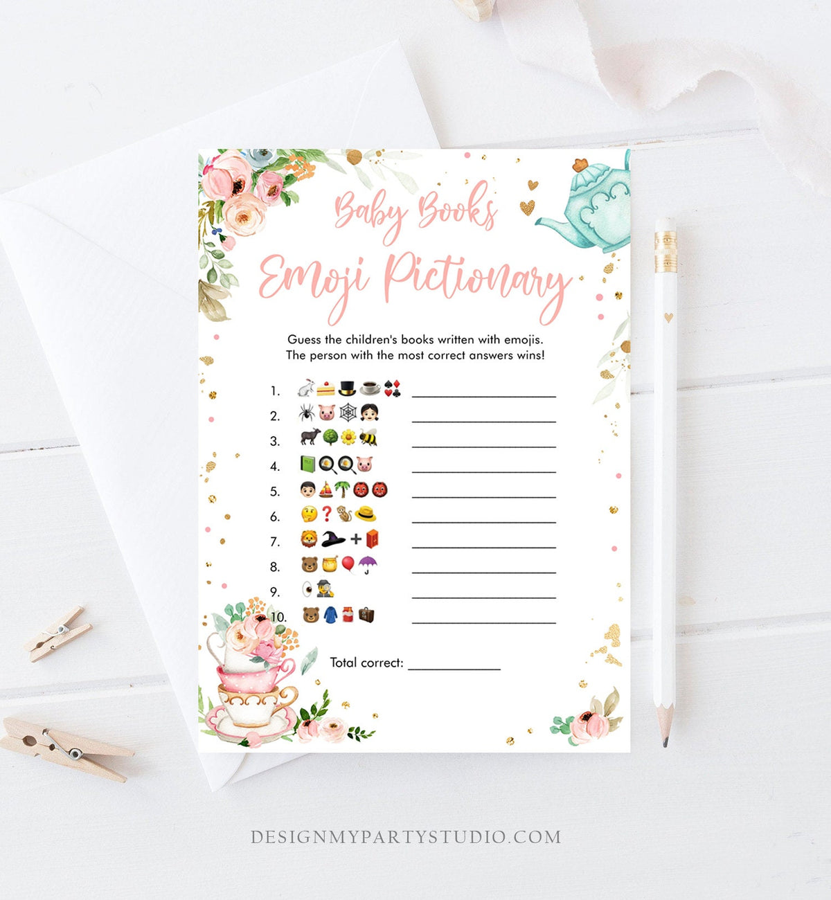 Editable Emoji Pictionary Baby Shower Game Baby Books Tea Party Baby is Brewing Game Shower Activity Corjl Template Printable 0349