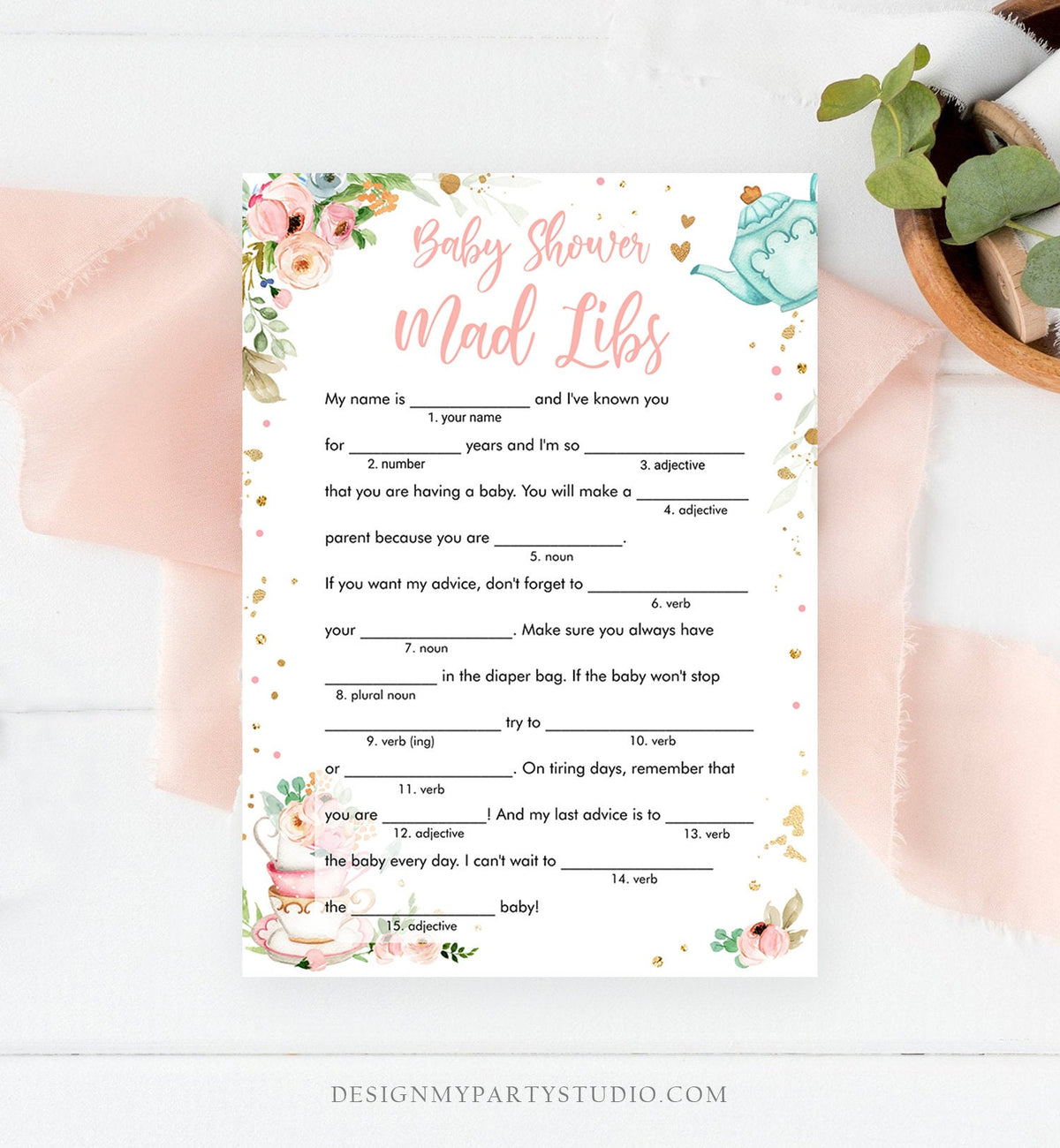 Editable Mad Libs Baby Shower Game Story Advice Mom to Be Tea Party Baby is Brewing Game Shower Activity Corjl Template Printable 0349