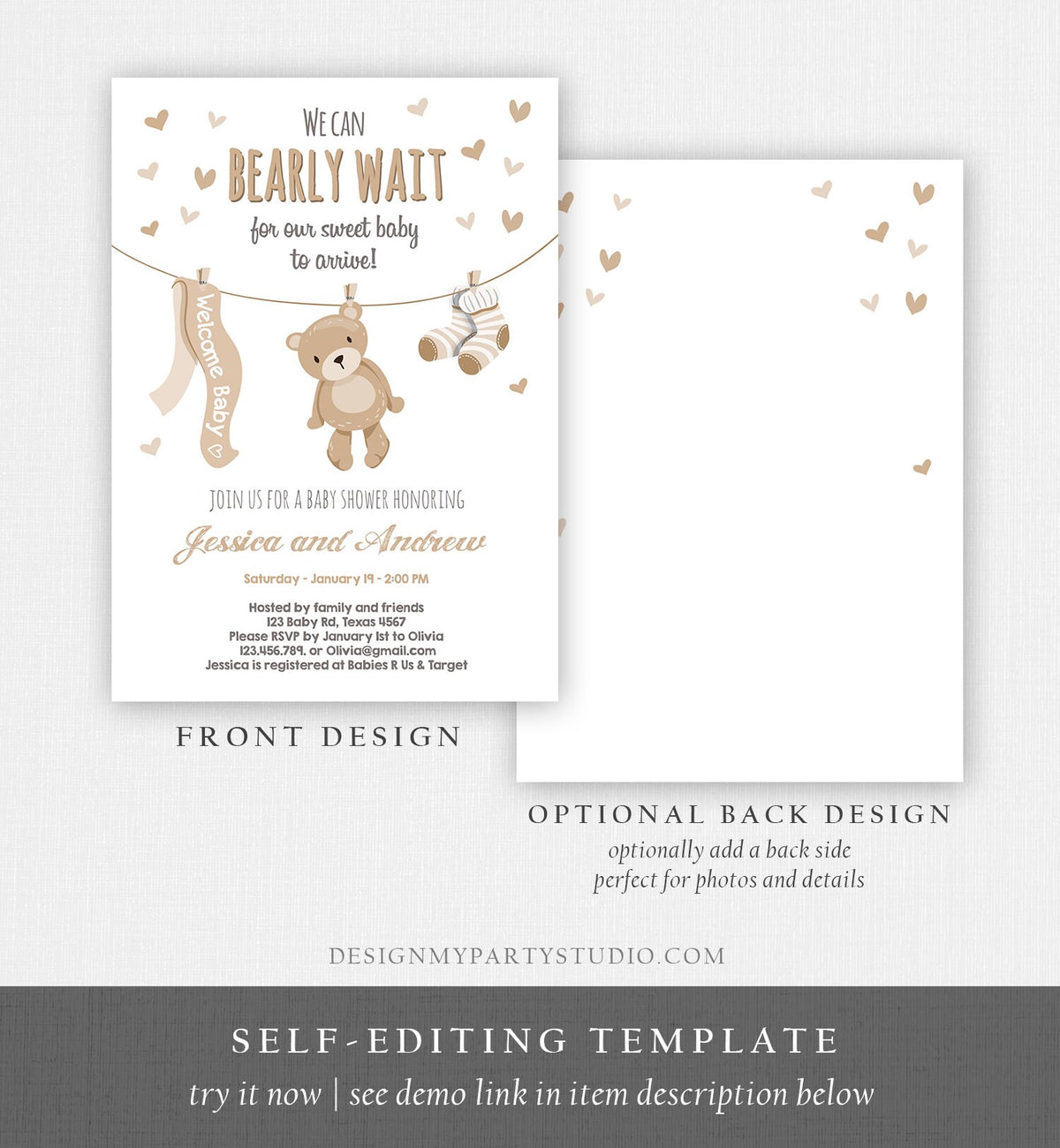 Editable Teddy Bear Baby Shower Invitation Gender Neutral We Can Bearly Wait Couples Shower Invite Template Instant Download Corjl 0025