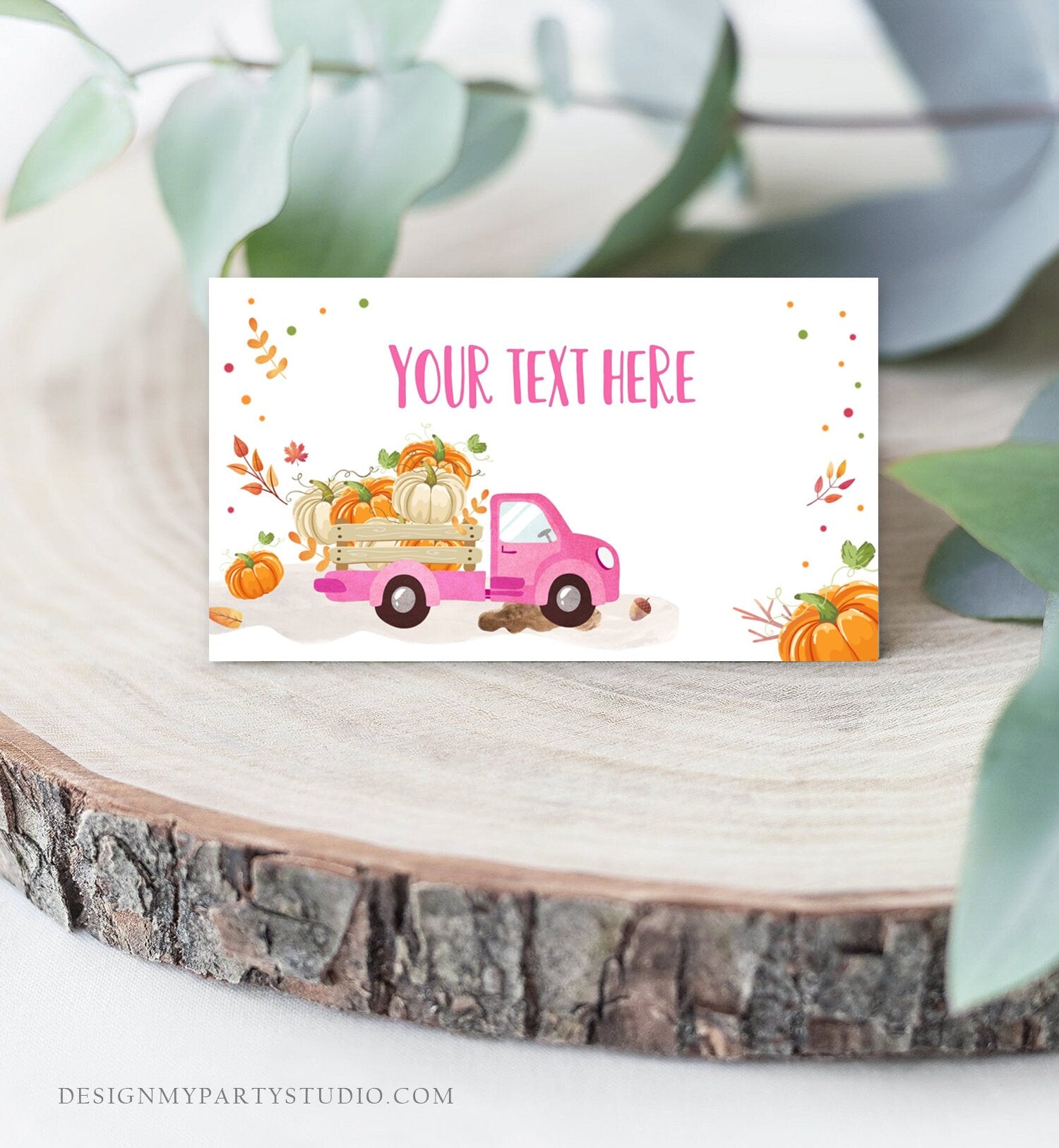Editable Pumpkin Truck Food Label Little Pumpkin Girl Birthday Pink Place Card Fall Harvest Autumn Tent Card Corjl Printable Template 0153