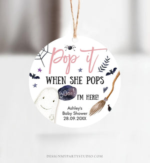 Editable Pop It When She Pops Tags Halloween Baby Shower Peek a Boo Tag Stickers Champagne Favor Labels Ready to Pop Template Corjl 0199