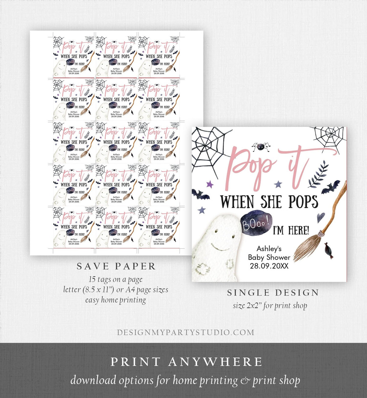 Editable Pop It When She Pops Tags Halloween Baby Shower Peek a Boo Tag Stickers Champagne Favor Labels Ready to Pop Template Corjl 0199