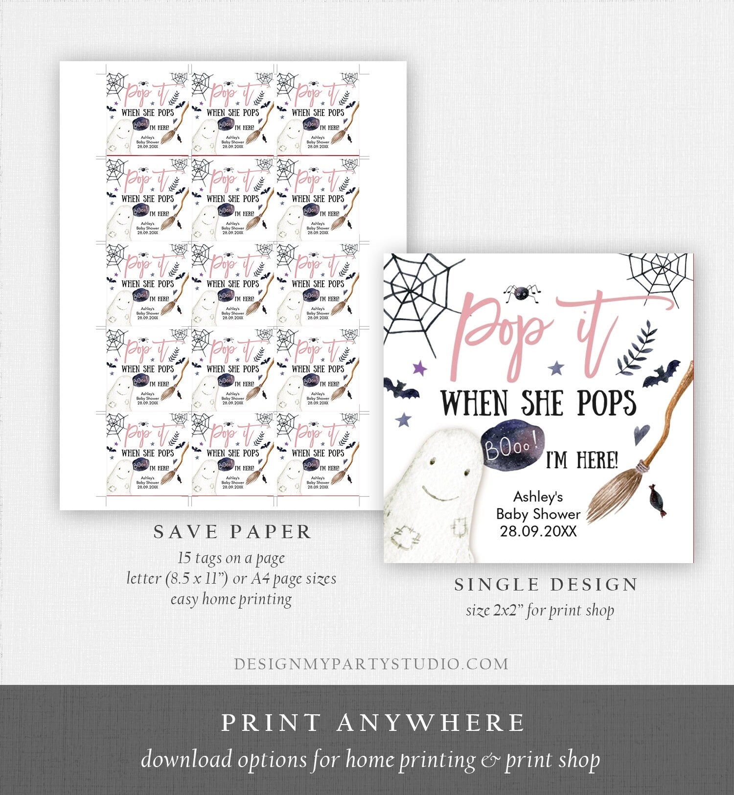Editable Pop It When She Pops Tags Halloween Baby Shower Peek a Boo Tag Stickers Champagne Favor Labels Ready to Pop Template Corjl 0199