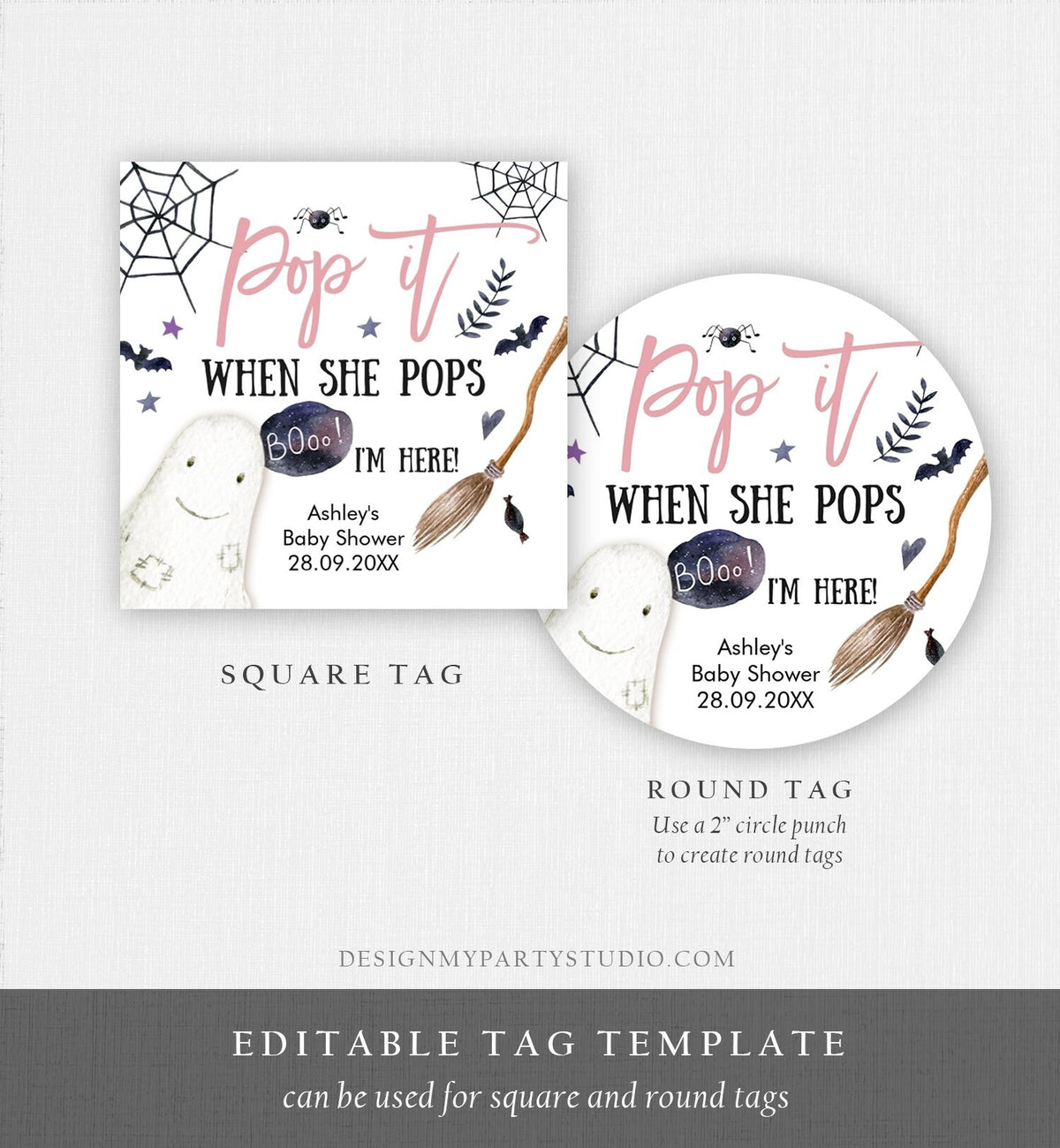 Editable Pop It When She Pops Tags Halloween Baby Shower Peek a Boo Tag Stickers Champagne Favor Labels Ready to Pop Template Corjl 0199