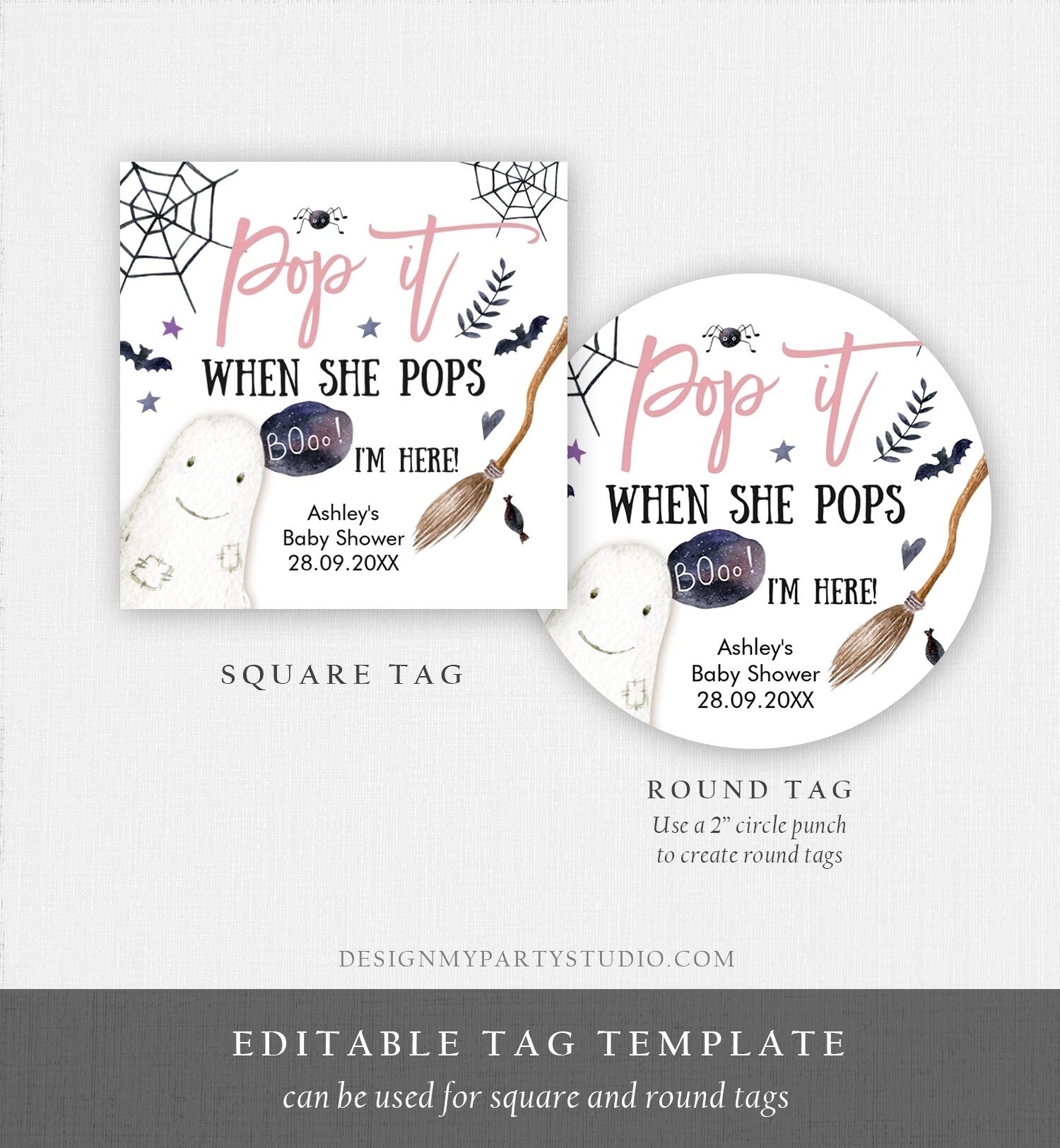 Editable Pop It When She Pops Tags Halloween Baby Shower Peek a Boo Tag Stickers Champagne Favor Labels Ready to Pop Template Corjl 0199