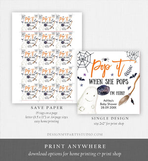 Editable Pop It When She Pops Tags Halloween Baby Shower Peek a Boo Tag Stickers Champagne Favor Labels Ready to Pop Template Corjl 0199