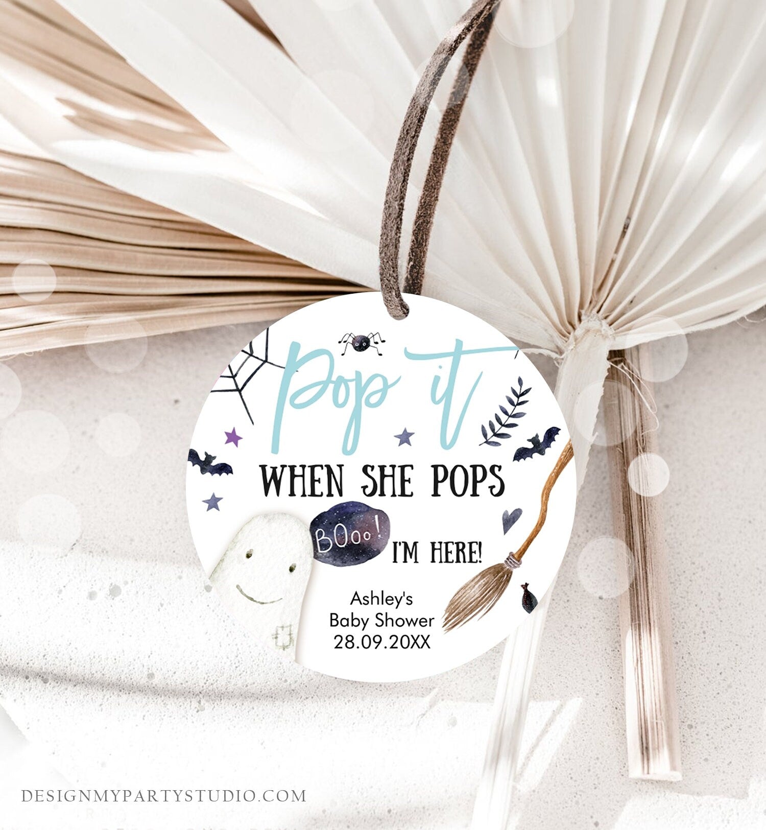 Editable Pop It When She Pops Tags Halloween Boy Baby Shower Peek a Boo Tag Stickers Champagne Favor Labels Ready to Pop Template Corjl 0199