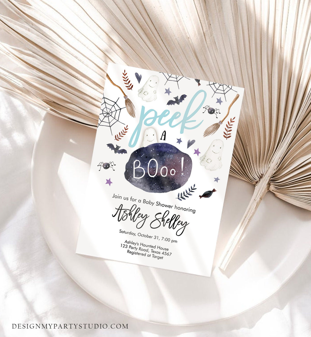 Editable Peek A Boo Baby Shower Invitation Cute Halloween Baby Shower Boy Blue Rustic Couples Shower Invite Printable Template Corjl 0199