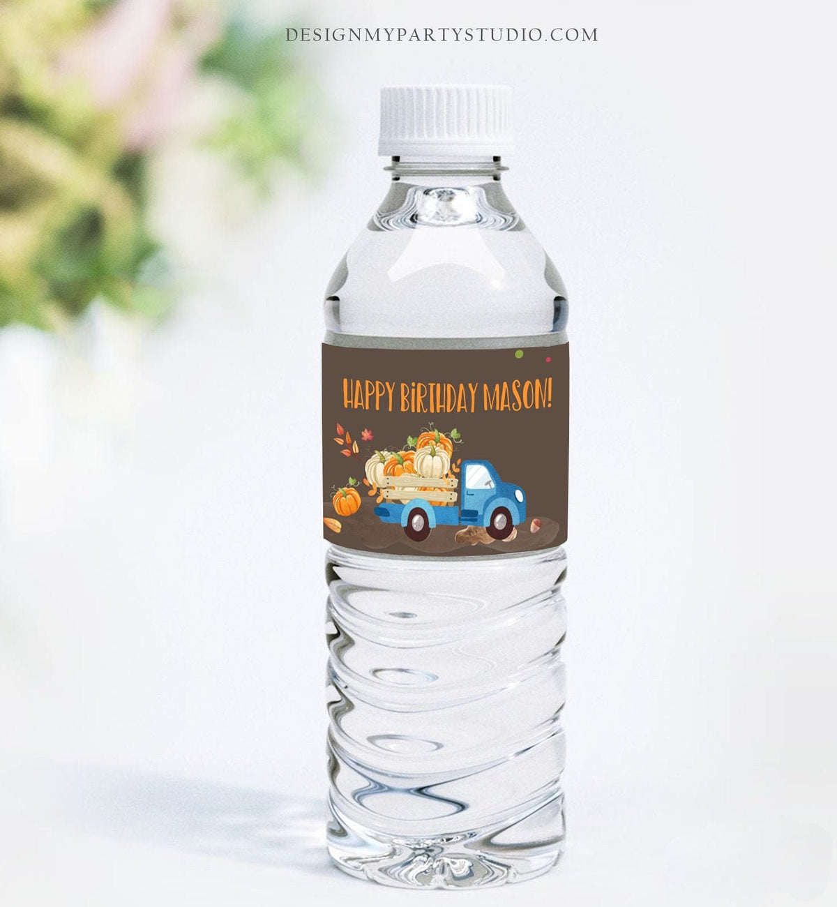 Editable Pumpkin Water Bottle Labels Pumpkin Boy Blue Truck Drink Tags Fall Autumn Label Pumpkin Birthday Fall Harvest Corjl Template 0153