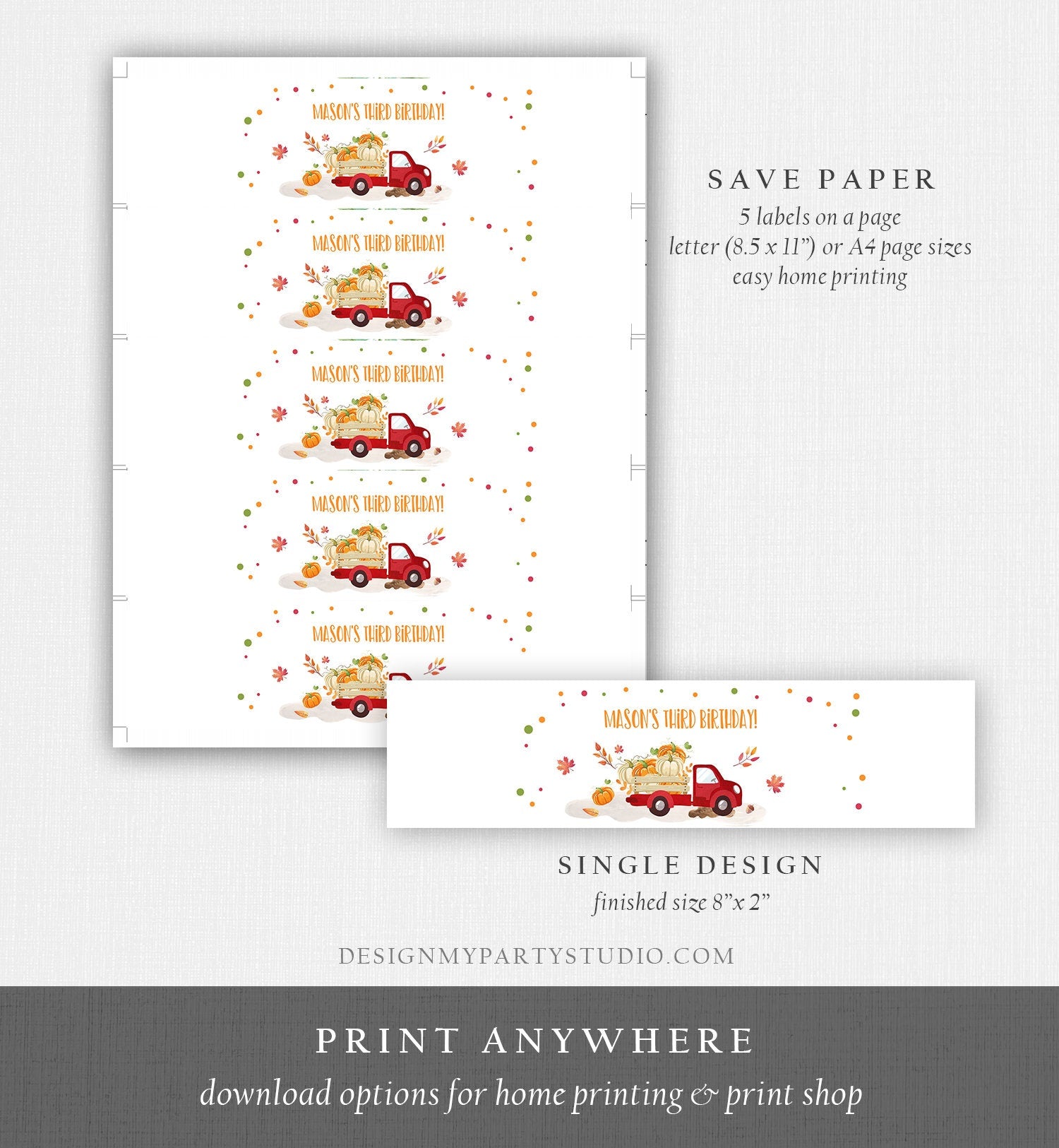 Editable Pumpkin Water Bottle Labels Pumpkin Boy Red Truck Drink Tags Fall Autumn Label Pumpkin Birthday Fall Harvest Corjl Template 0153