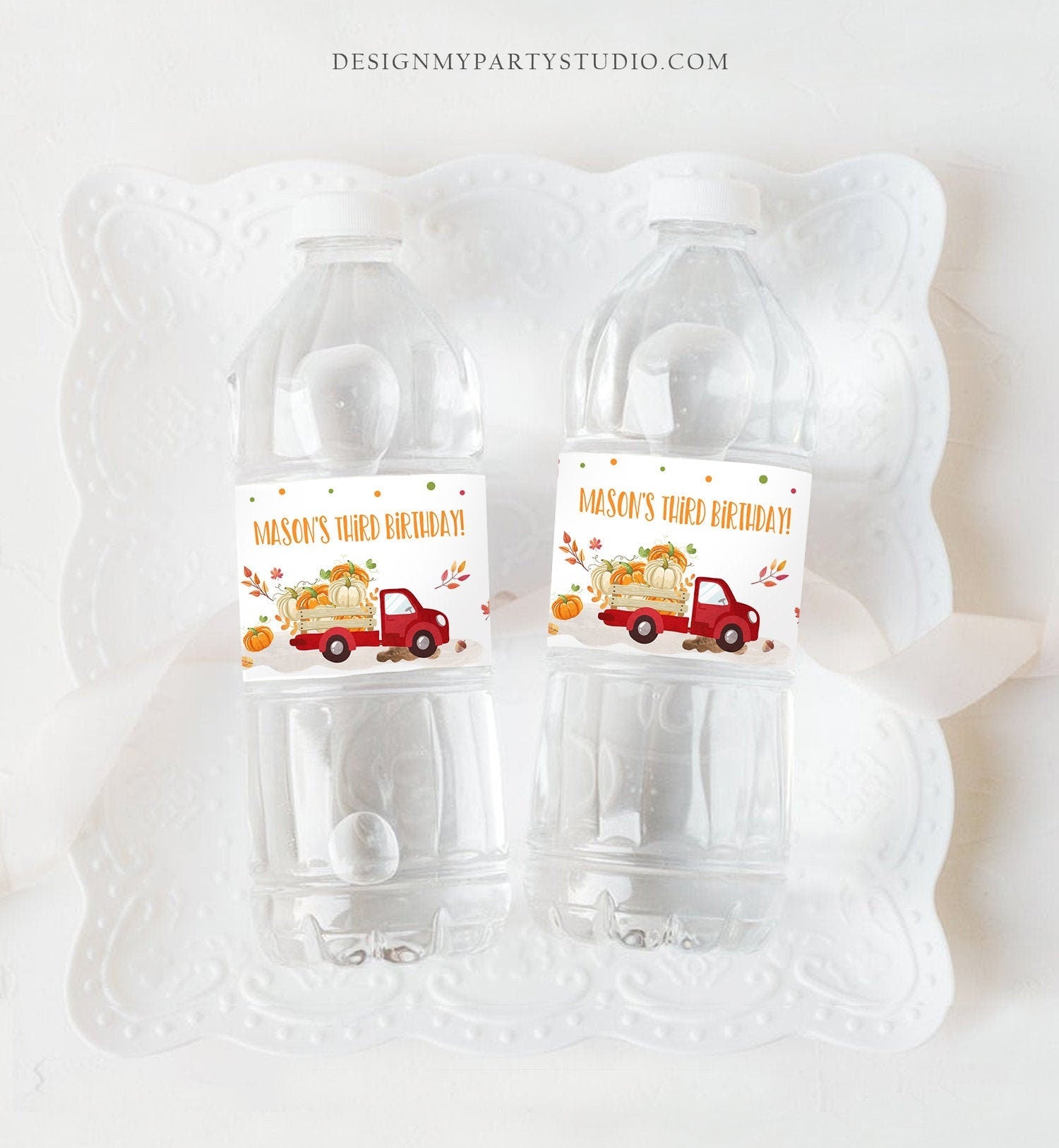 Editable Pumpkin Water Bottle Labels Pumpkin Boy Red Truck Drink Tags Fall Autumn Label Pumpkin Birthday Fall Harvest Corjl Template 0153
