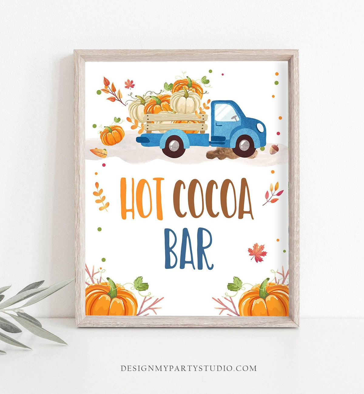 Hot Cocoa Bar Sign Little Pumpkin Truck Boy Birthday Table Sign Blue Leaves Fall Party Autumn Pumpkin Hot Chocolate Download PRINTABLE 0153