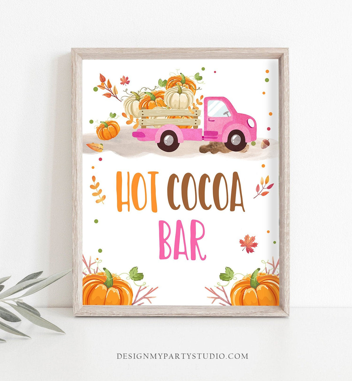 Hot Cocoa Bar Sign Little Pumpkin Truck Girl Birthday Table Sign Pink Truck Fall Party Autumn Hot Chocolate Decor Download PRINTABLE 0153