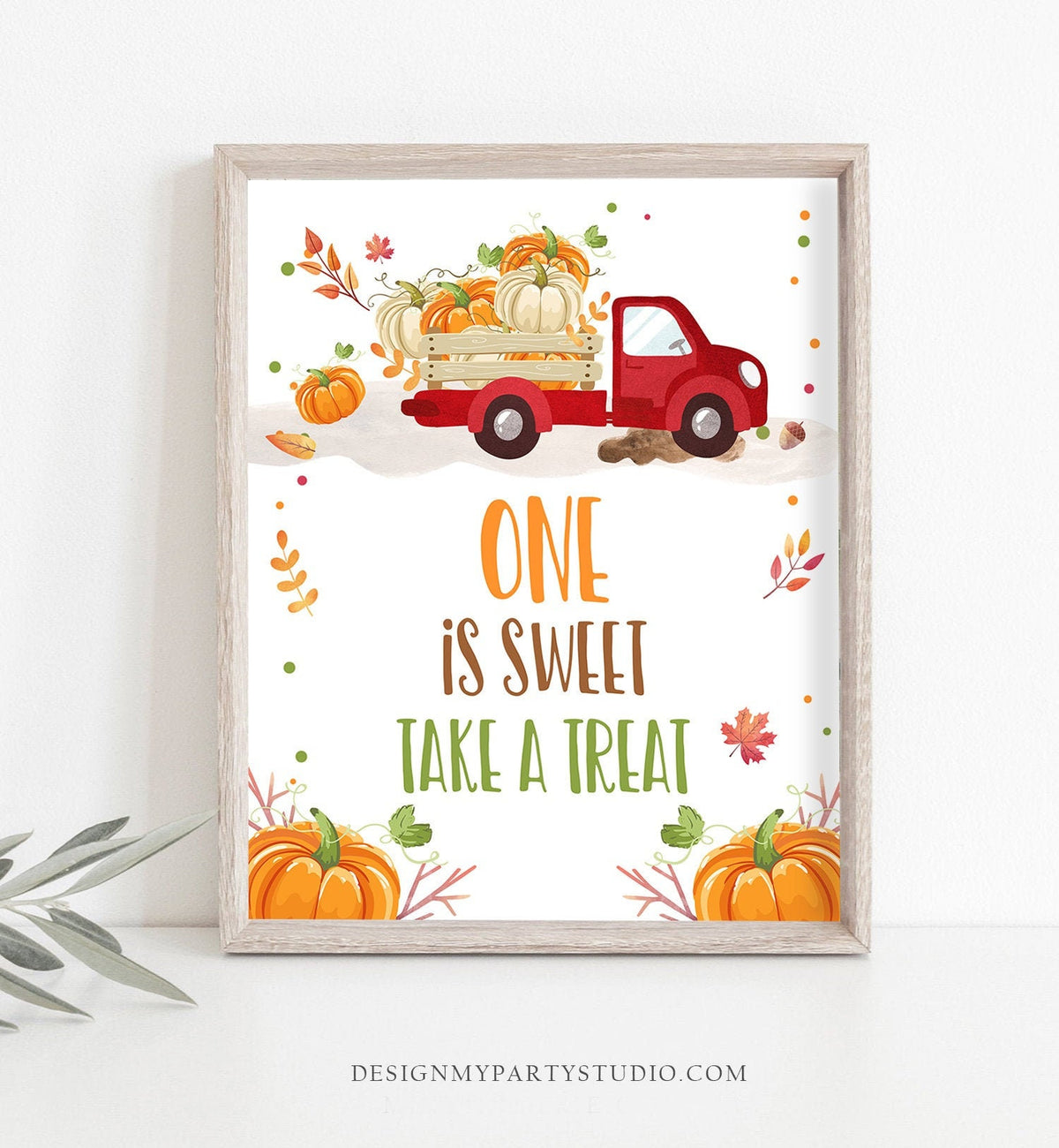 One is Sweet Take a Treat Sign Little Pumpkin Truck Boy Birthday Table Sign Red Leaves Fall Party Autumn Pumpkin Download PRINTABLE 0153