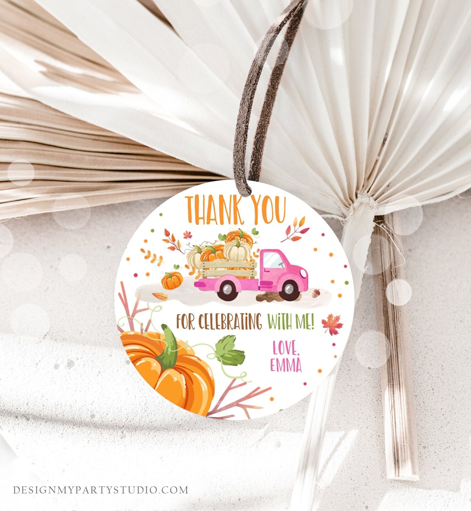 Editable Little Pumpkin Truck Favor Tag Girl Birthday Pumpkin Truck Thank You Sticker Label Fall Autumn Corjl Template Printable 0153