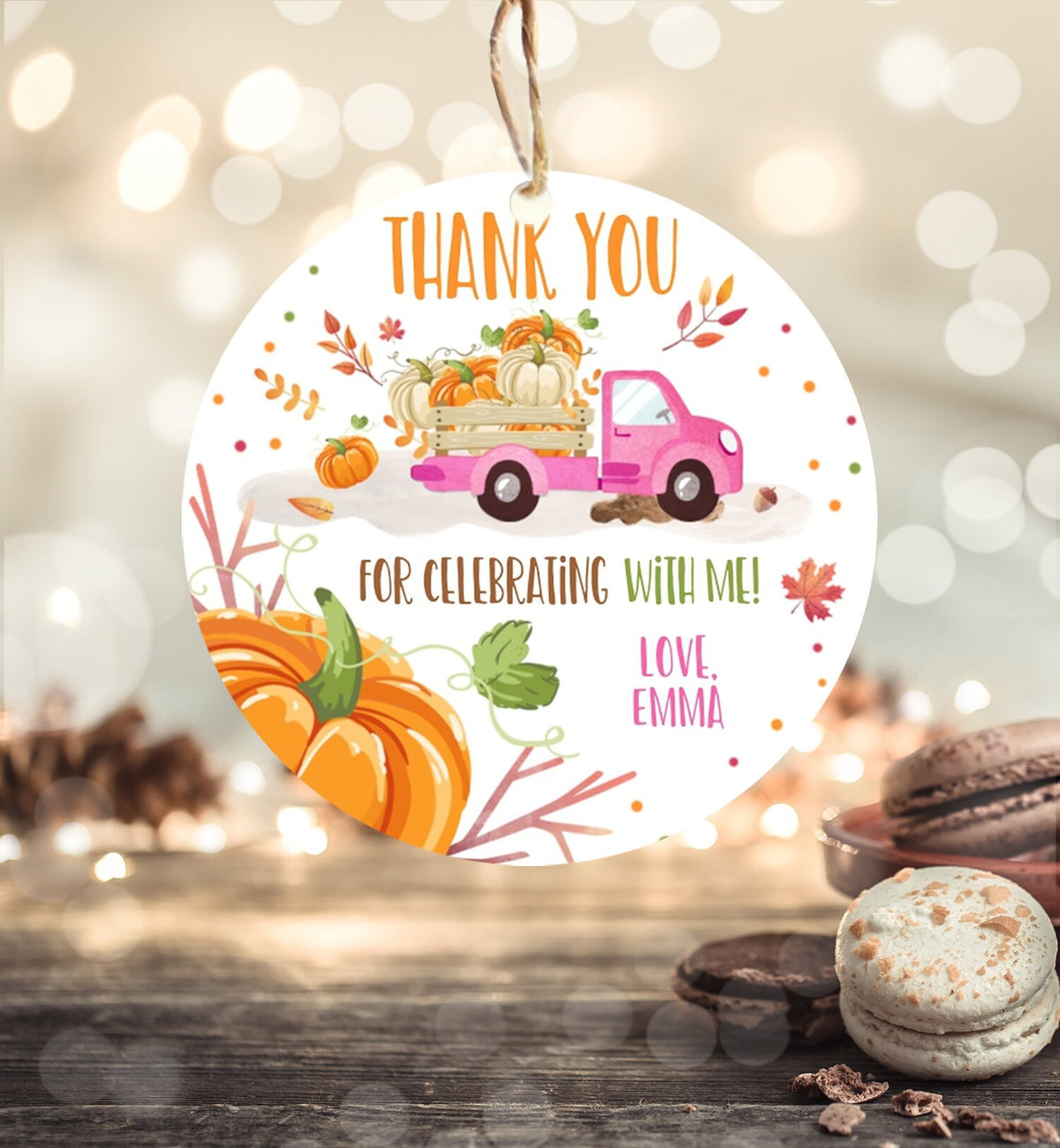 Editable Little Pumpkin Truck Favor Tag Girl Birthday Pumpkin Truck Thank You Sticker Label Fall Autumn Corjl Template Printable 0153