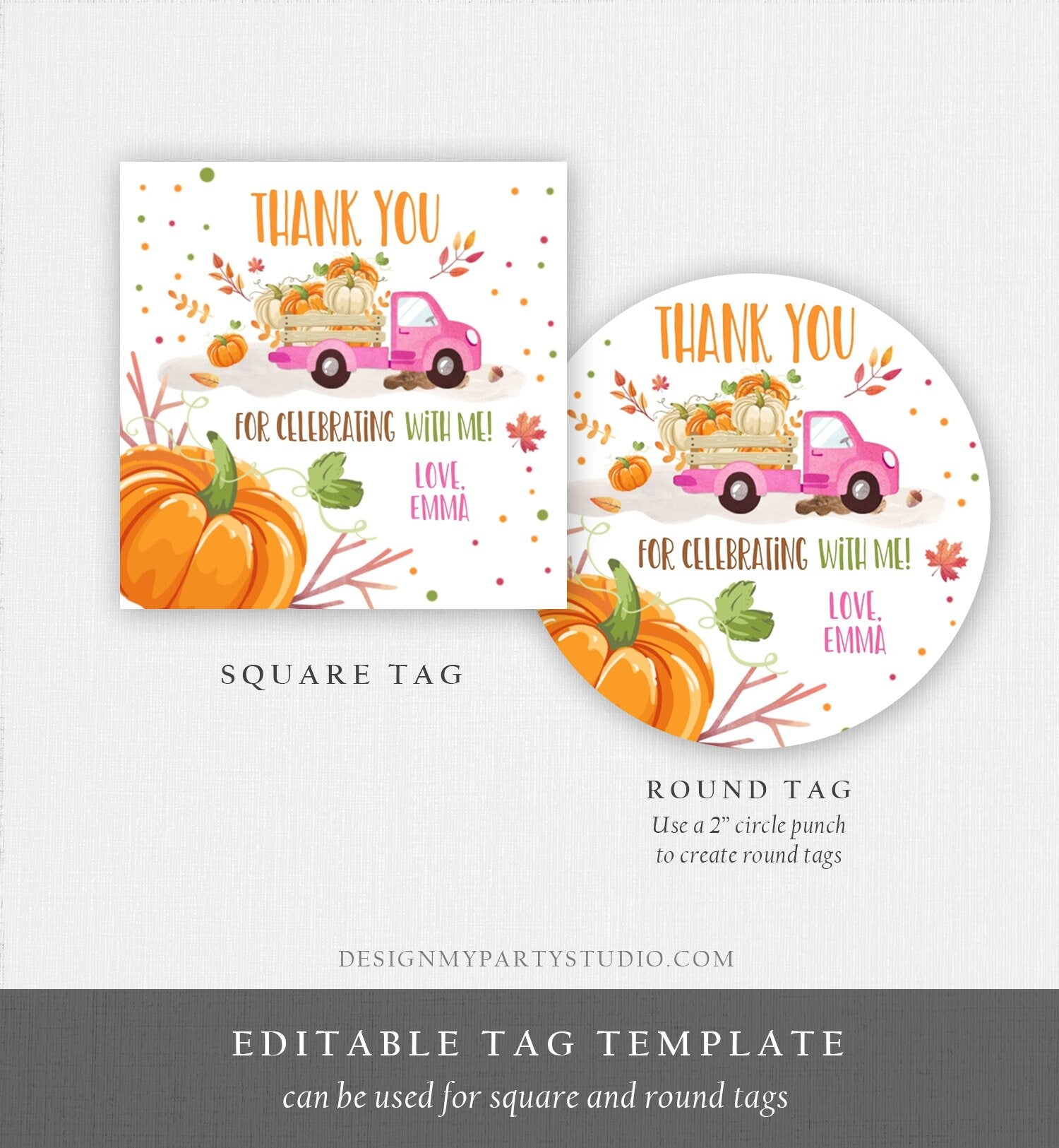 Editable Little Pumpkin Truck Favor Tag Girl Birthday Pumpkin Truck Thank You Sticker Label Fall Autumn Corjl Template Printable 0153