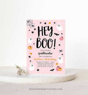 Editable Halloween Birthday Invitation Pink Ghost Costume Party Girl Pink Kids Spooktacular Spooky Download Printable Template Corjl 0418