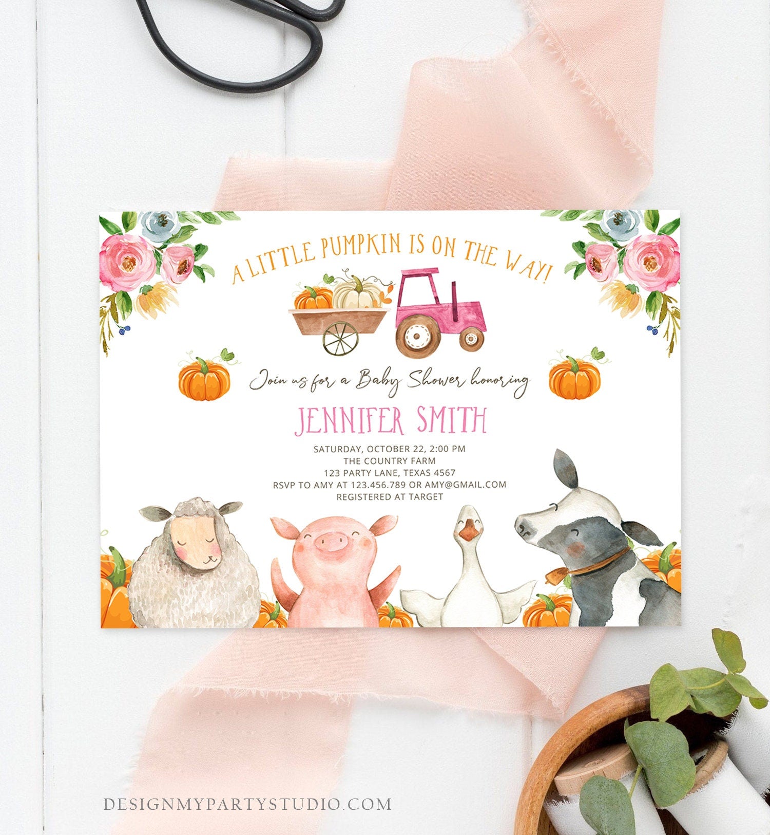 Editable Farm Baby Shower Invitation Pumpkin Girl Farm Animals Pink Barnyard Fall Sprinkle Digital Download Corjl Template Printable 0155