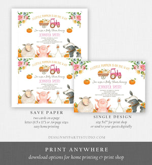 Editable Farm Baby Shower Invitation Pumpkin Girl Farm Animals Pink Barnyard Fall Sprinkle Digital Download Corjl Template Printable 0155